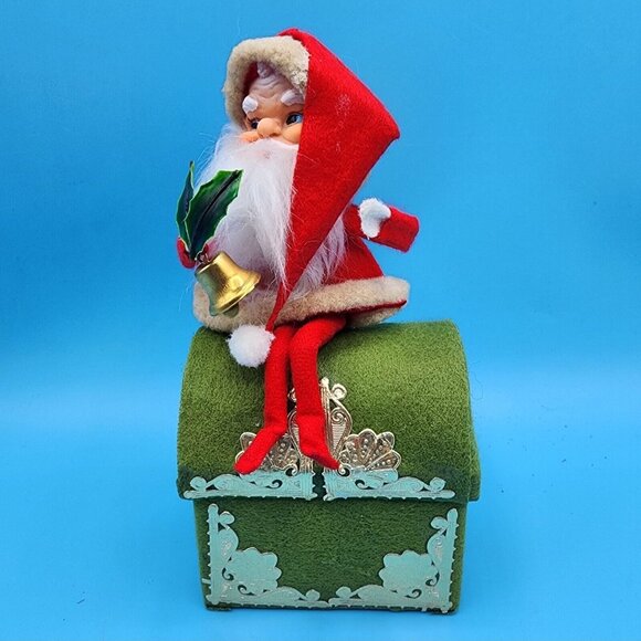 Santa Claus On Rooftop Green Felt Box Ornament Holly Gold Bell & Foil Accents v2 - Picture 4 of 10